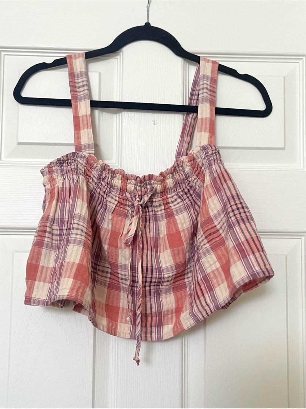 91% Cotton 9% Linen American Eagle Outfitters Pink Plaid Cropped Tank Tie Front